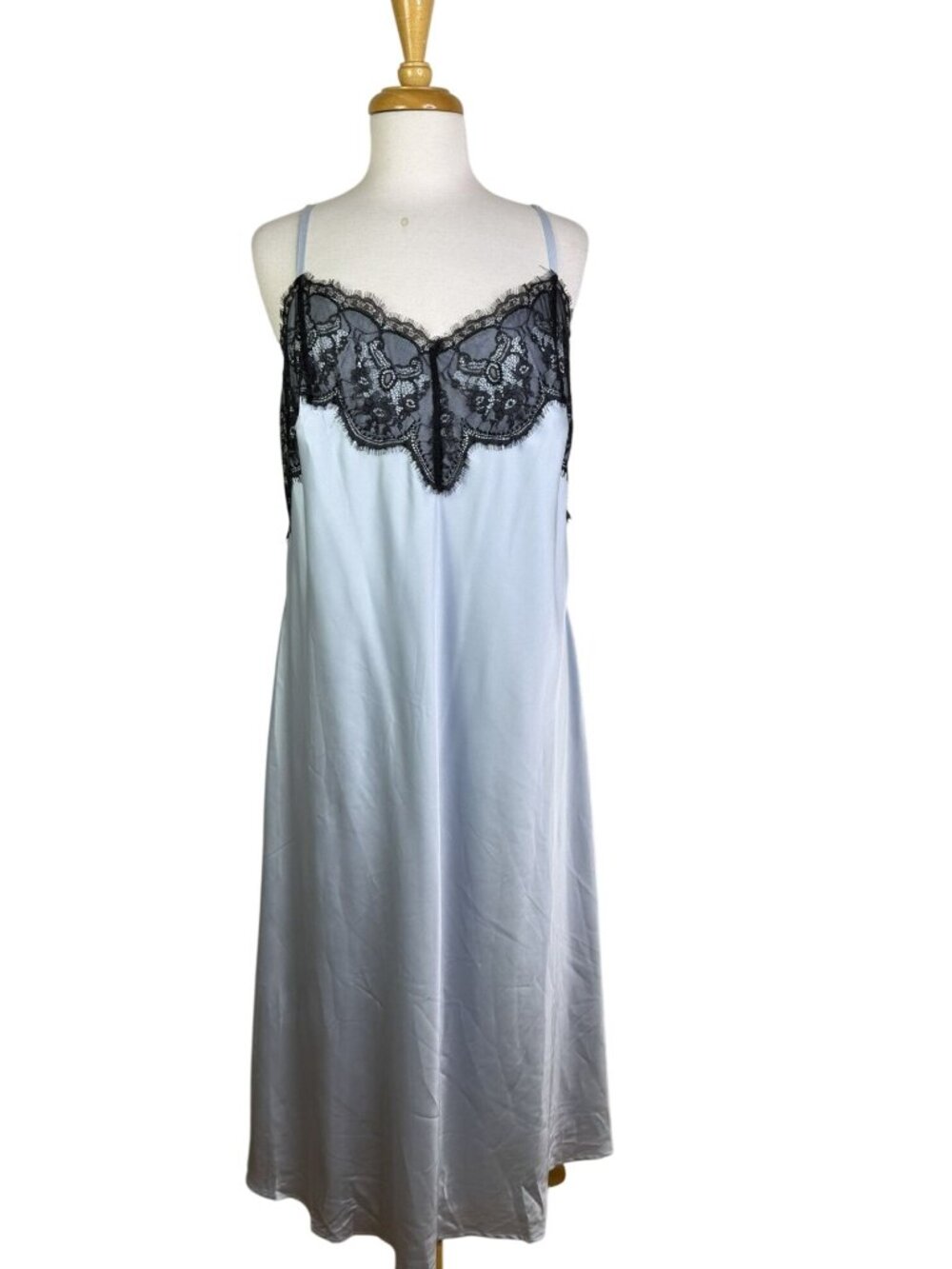 NWT Wild Fable Baby Blue Satin Maxi-Length Slip Dress, Black Lace, Size XXL